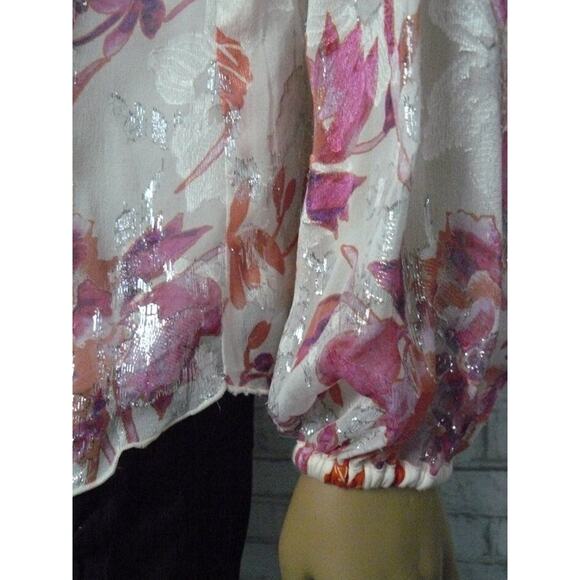 Hale Bob Pink Cream Floral Lurex Cold Shoulder Ruffle Blouse Small NEW - Picture 6 of 8